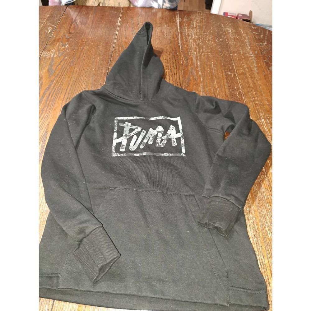 Boys Medium Puma Black with Green Tan Grey Pullover Fleece Sweatshirt Hoodie